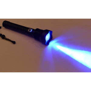 Latarka LED 405nm Szperacz do bursztynu ZOOM 2x 26650 li-ion USB + okulary