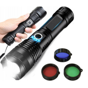 Latarka taktyczna akumulatorowa Wojskowa  USB 5 Trybów + FILTRY RGB